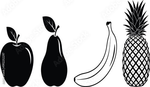 Set of black fruit silhouettes including apple pear banana and pineapple icons, healthy organic food symbols for grocery logo, cad drawing flat vector illustration