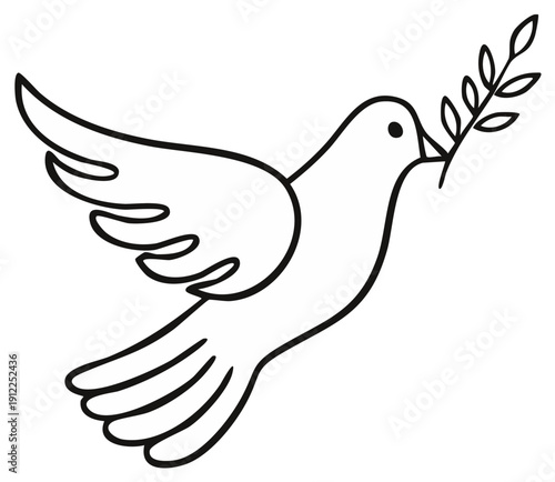 Flying dove carrying an olive branch a symbol of peace and hope simple outline drawing