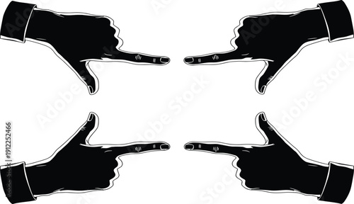 Set of black human hand silhouettes with index fingers pointing inward from four directions, selection and directional icons, cad drawing flat vector illustration