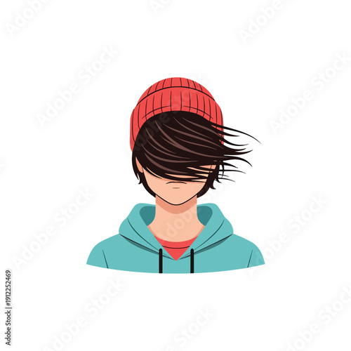 Youthful Figure in Casual Attire, Beanie, and Windblown Hair - Trendy Vector Design
