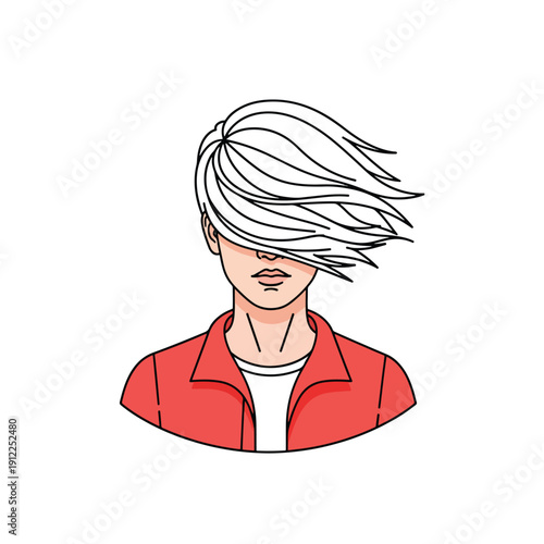 Vector Illustration of a Young Person with Windswept Hair Covering Face, Modern Graphic Isolated on a Clean White Background
