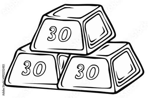 Line art drawing of three stacked ingots each marked with the number 30