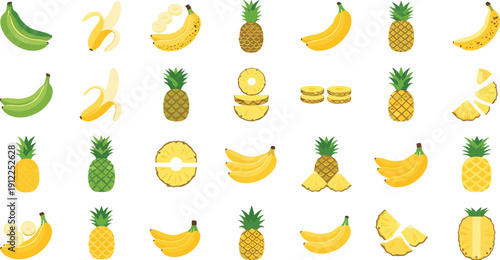 Vibrant banana and pineapple illustrations set