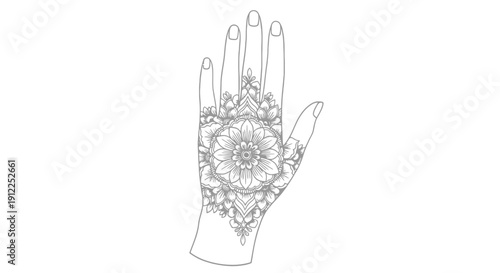 Grey scale outline of hand with detailed henna mandala design, artistic background, vector