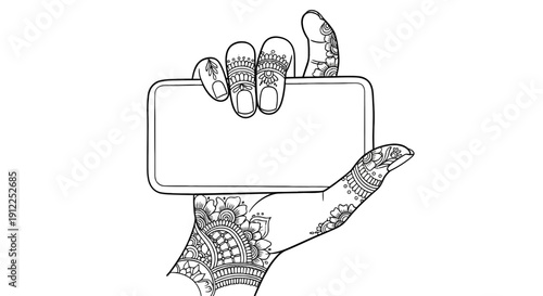 Hand with traditional indian mehndi holding blank smartphone illustration vector graphic