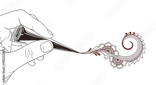 Henna cone creating delicate floral pattern on transparent background for tattoo art