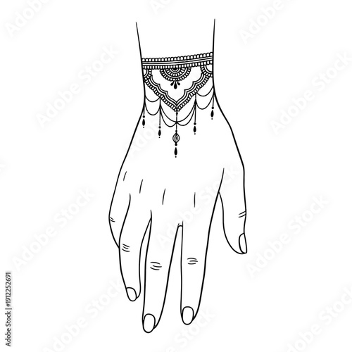Line art drawing of hand with intricate henna bracelet design on transparent background