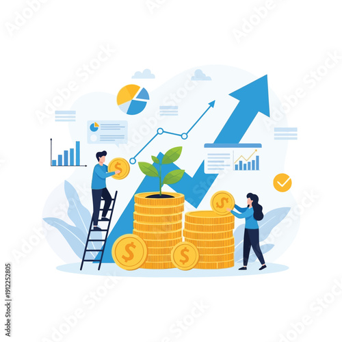 Two people investing in a growing plant with stacks of coins and financial graphs in the background