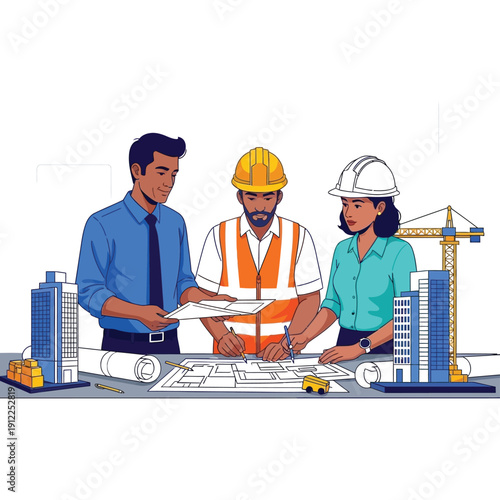 A diverse team of construction professionals reviewing blueprints together in a modern office setting.