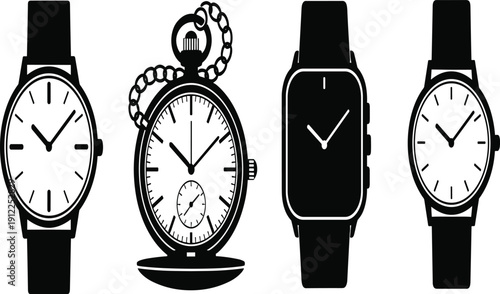 Set of various watch silhouettes including classic wristwatches and vintage pocket watch icons, elegant time measurement symbols, cad drawing flat vector illustration