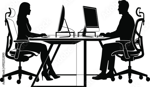 Silhouetted office professionals working at desks with computers, corporate business teamwork in modern workspace, cad drawing flat vector illustration, professional workstation setup