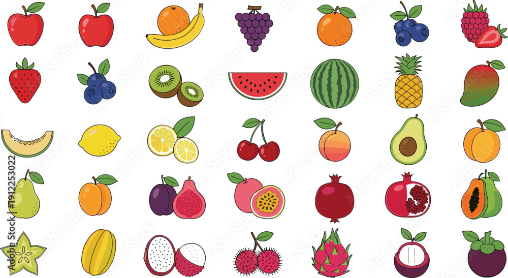 Obraz premium Vibrant fruit collection with exotic tropical fruit