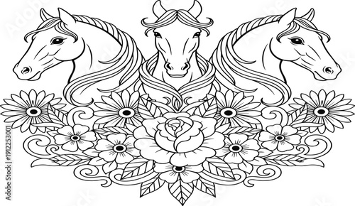 Three majestic horse heads in a decorative floral arrangement with roses and daisies, equestrian animal art, cad drawing flat vector illustration, nature