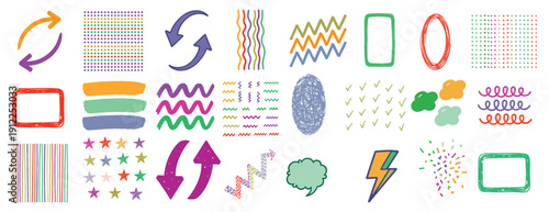 Colorful doodle design elements icons set in hand drawn sketch style vector illustration, Cute abstract colorful doodle shapes and graphic elements collection in playful cartoon style