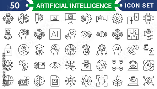 Artificial Intelligence icons set. Includes icons for brain, neural network, machine learning, algorithm, robot, automation, data, and smart technology. Line icons. Perfect for infographics.