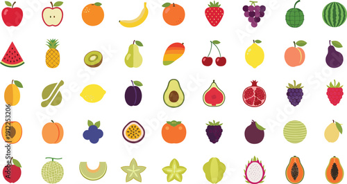 Vibrant fruit collection with various colorful illustrations