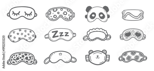 cute sleeping mask doodle hand drawn icons set in cartoon line style vector illustration, Cute sleep eye mask icons collection in black and white doodle style vector illustration