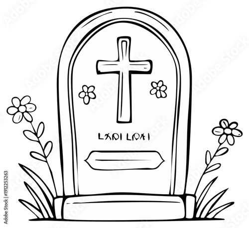 Simple outline of a cross tombstone with flowers and grass for a cemetery or memorial