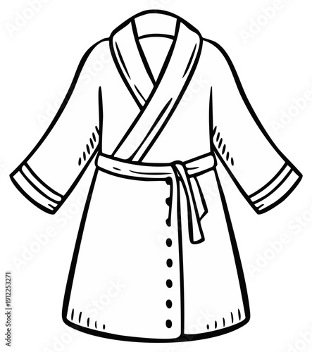 Simple line drawing of a white bathrobe with a tied belt and front buttons for comfortable wear