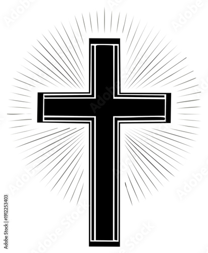 Black Christian Cross with Radiant Light Rays, Religious Symbol of Faith and Hope