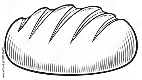 Freshly baked loaf of bread illustration with detailed etched lines for a bakery theme.