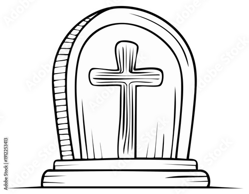 Tombstone illustration with Christian cross, line art, religious symbol