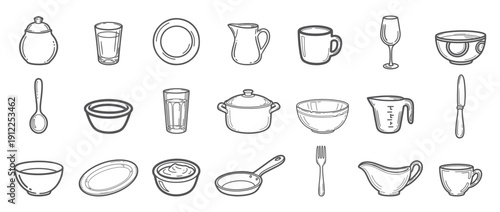 dishes and dinnerware doodle hand drawn icons set in sketch line style vector illustration, 24 kitchen tableware and cookware outline icons collection in black and white doodle style