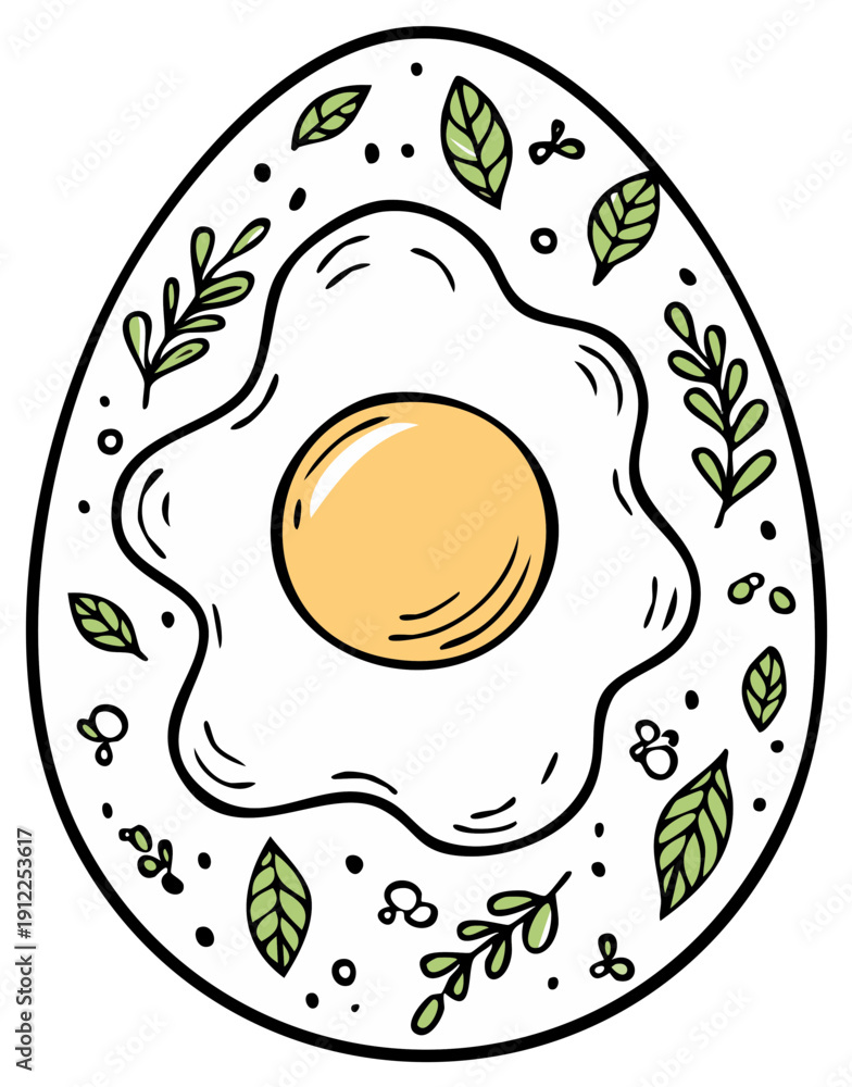 Obraz premium Easter Egg Fried Egg with Green Leaves and Berries Design Illustration Festive Spring