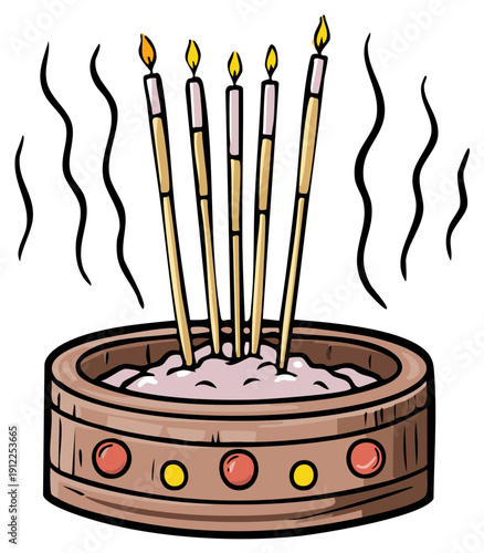 Lit incense sticks burning in a traditional wooden censer with rising smoke