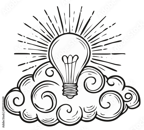 Hand Drawn Lightbulb Over Clouds in Sunburst Illustration Symbolizing Idea Generation and Innovation