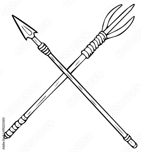 Crossed spear and trident illustration, drawing, black and white