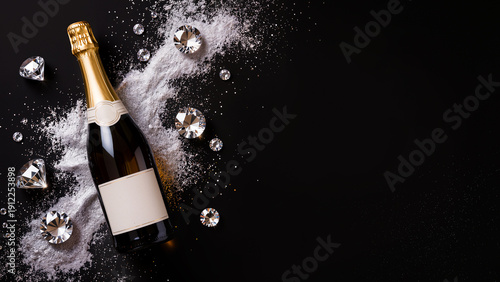 Luxury champagne bottle with diamonds and sparkling powder on black background - celebration, New Year, premium lifestyle concept