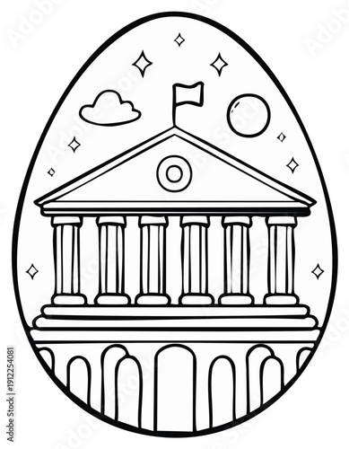 Easter egg with ancient building illustration, classical architecture coloring book, museum silhouette, vector art