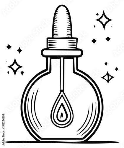 Vintage inkwell with dropper and glowing flame drawing tool isolated line art illustration