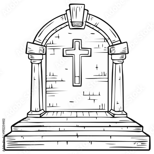Stone monument with cross and arched gateway, drawing