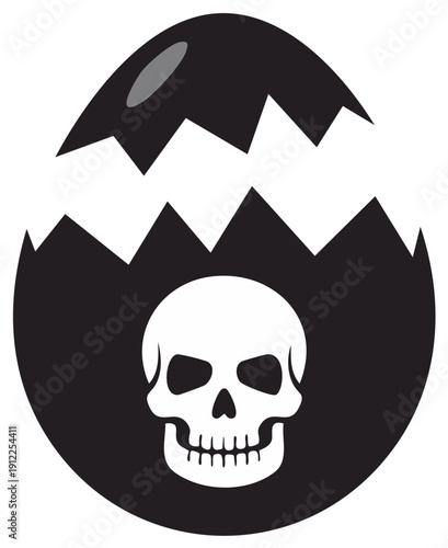 Cracked Egg with Skull Symbol Inside Black and White Vector Illustration