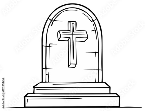 Tombstone with Christian Cross Symbol, Hand Drawn Illustration