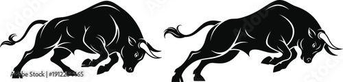Black silhouette vector illustration of two bulls in aggressive charging postures, lowered heads, muscular bodies, dynamic financial market symbol