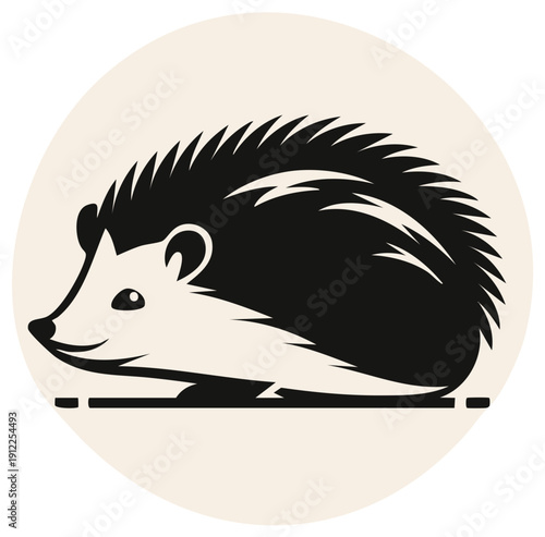 Cute monochrome hedgehog illustration in a circle stylized graphic design for icons