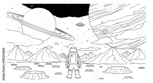 Hand drawn line art illustration of an astronaut observing a cosmic landscape with distant planets and a ufo for space exploration