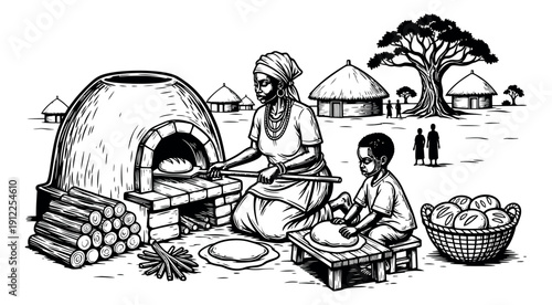 Hand drawn line art illustration of an african family depicting traditional bread making for a village scene