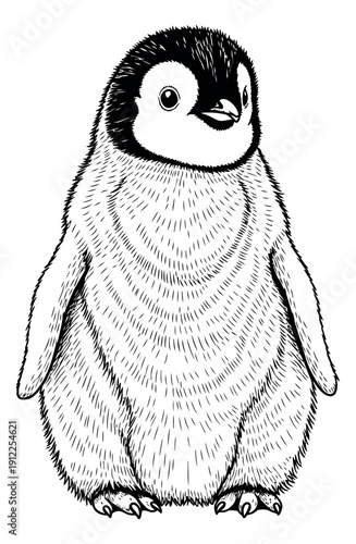 Hand drawn line art illustration of a baby penguin depicting a cute fluffy chick for nature and wildlife designs