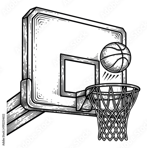 Hand drawn line art illustration of a basketball and hoop depicting a successful shot for sports design