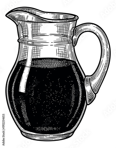 Hand drawn line art illustration of a glass pitcher depicting liquid inside for serving drinks