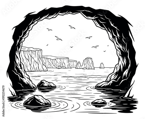 Hand drawn line art illustration of a sea cave entrance depicting a serene ocean view with towering cliffs and flying seagulls for travel and nature themes