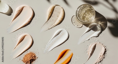 Variety of cosmetic products and skincare textures displayed