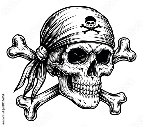 Hand drawn line art illustration of a pirate skull and crossbones depicting a classic warning symbol for vintage designs