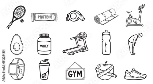 fitness and gym doodle icons set in hand drawn sketch style vector illustration, Cute workout and healthy lifestyle gym symbols icons in black and white doodle style vector illustration