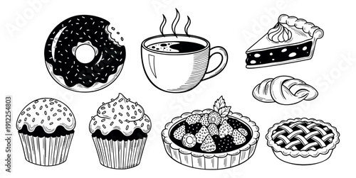 Hand drawn line art sweet treats and coffee set featuring donuts, tarts, pies, cupcakes, croissants, and a steaming mug for bakery menus
