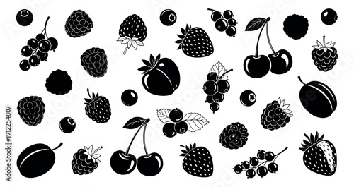 Stylized graphic fruit and berry set featuring strawberries, raspberries, blueberries, cherries, and plums for food and healthy lifestyle designs